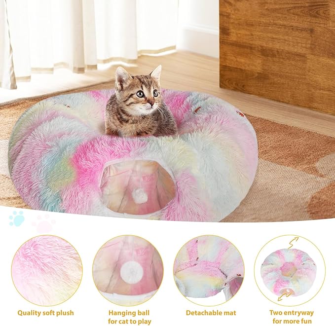 KOMUSMO Cat Tunnel Bed with Central Mat and Hanging Ball Toy, Multifunctional Large Cat Bed Cave Donut for Indoor Cats, Soft Plush Fluffy Collapsible Peekaboo Cave for Small Medium Large Cats Kittens