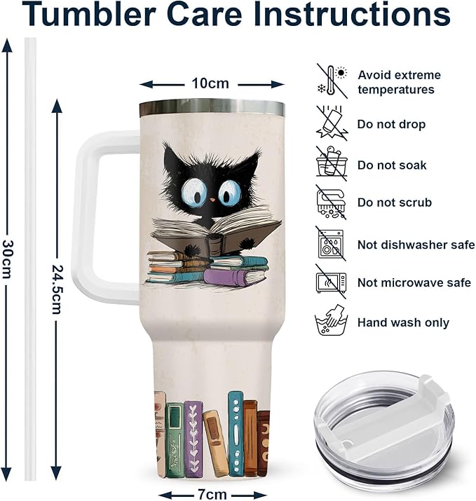 34HD Black Cat Mom Tumbler with Handle and Straw, 40oz Book Themed Cup Stainless Steel, Bookworm Coffee Mug, Cat and Book Birthday Gifts for Women Men Friends