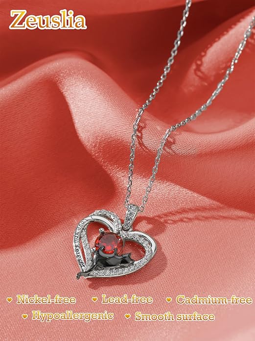 Birthstone Cat Necklaces,925 Sterling Silver Cat Necklace Heart Pendant for Women,Dainty Animal Jewelry for Her,Wedding Anniversary Birthday Gifts for Women Mom Grandma