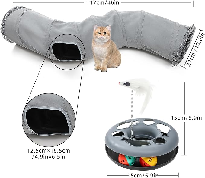 Cat Tunnels for Indoor Cats, Collapsible S-Shape Peekaboo Cat Play Tube Toy Cat Cave, 10.5" Diameter Large Cat Tunnel, Roller Track Kitten Toy, Plush Pet Toy with Catnip, Tease Stick for Cat