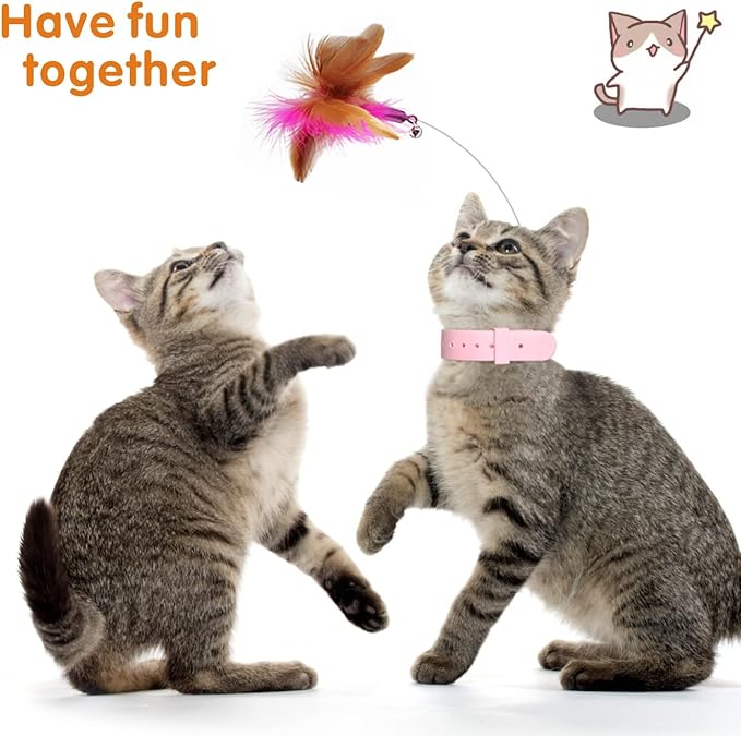 Cat Feather Collar Toy, Interactive Cat Toys for Indoor Cats Self Play Funny Teaser Wand Neck 3-in-1 Cat Collar Toy Feathers with Bell & 3 Refills Hands Free for Cats Play Pink