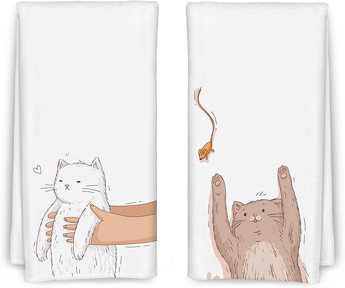 Cartoon White and Grey Cat Kitchen Towels Set of 2, Funny Cat Lover Mom Lady Gifts Dish Towels for Kitchen Decor, Cute Kitten Hand Towels for Bathroom Decor, 16x24 Inch