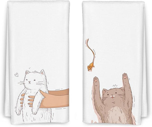 Cartoon White and Grey Cat Kitchen Towels Set of 2, Funny Cat Lover Mom Lady Gifts Dish Towels for Kitchen Decor, Cute Kitten Hand Towels for Bathroom Decor, 16x24 Inch