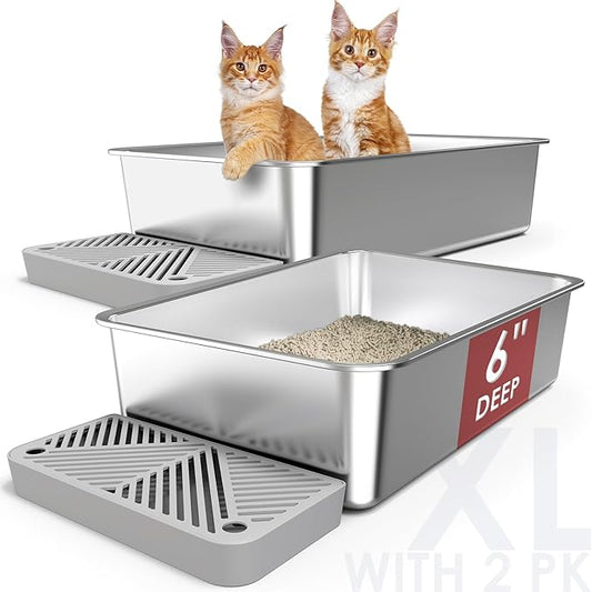 2 Pack 23.6" x 15.7" x 6" Deep & Extra Large Stainless Steel Cat Litter Boxes, High Sides Metal Cat Litter Box for Multi-Cats Big Cats XL Metal Litter Pan Tray, Non-Sticky, Easy Cleaning