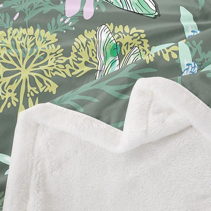 Feelyou Dragonfly Sherpa Blanket 40x50 Inches Botanical Floral Fleece Throw Blanket for Kids Girls Teens Women Bedroom Decor Nature Animals Branches for Sofa Bed Couch Vintage Green