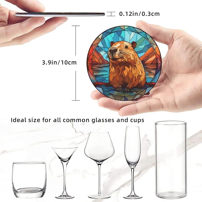 Capybara Drink Coaster Set of 6 With Holder - Leather Coasters for Table/Drinks/Coffee Protection - Housewarming Gift