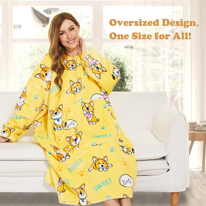 THREE POODLE Wearable Blanket Hoodie, Oversized Long Sherpa Sweatshirt Blanket for Adults Women Men, Warm Cozy Corgi Hooded Blanket, Gifts for Mom Girlfriend
