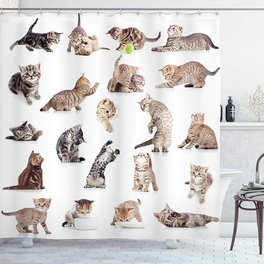 Ambesonne Cat Shower Curtain, Illustration of Funny Playful Cats on Plain Background Animals Kitten Pattern, Cloth Fabric Bathroom Decor Set with Hooks, 69" W x 84" L, Brown Black