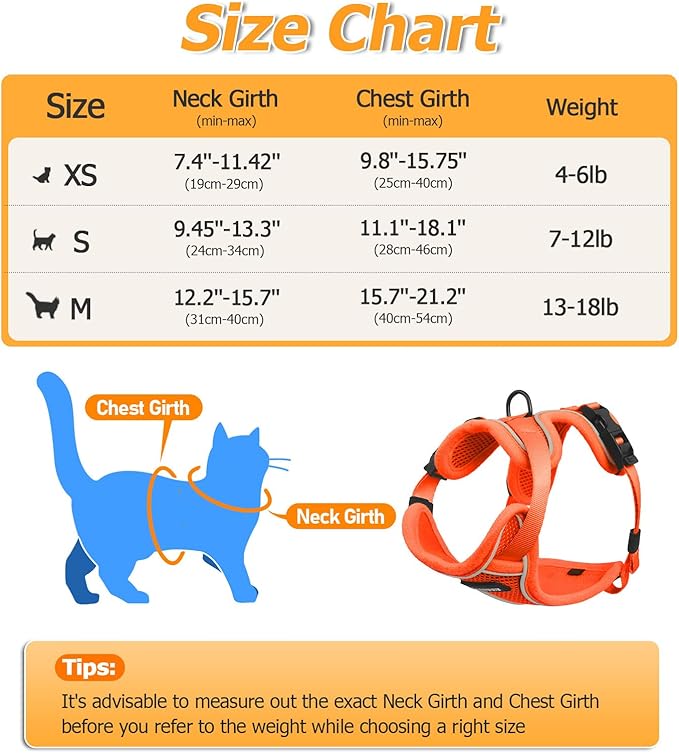 Halypet Cat Harness and Leash Set [MAX Safety 4th-Gen Upgrade] Escape Proof Adjustable Cat Leash Comfortable Soft Vest Easy to Wear Kitten Harness with Reflective Strip for Cats Walking, S Orange