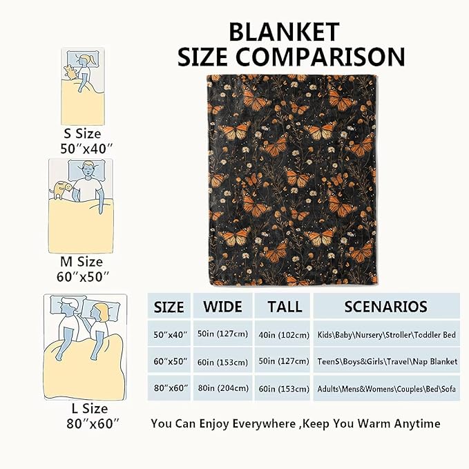 Butterfly Garden Blanket Floral Black Throw Blankets Gifts for Girls Women Adults Lightweight Soft Fleece Cozy for Sofa Couch Bed Room Travel Birthday Party Decor 50x60in