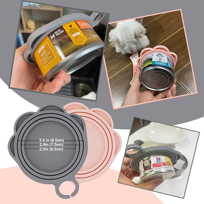 4 Pcs Cat Food Can Spoon & Can Covers | Cute Paw Silicone Pet Food Can Opener Spatula & Can Lids | Stainless Steel Wet Food Spoon for Cats and Dogs(Pink+Grey)