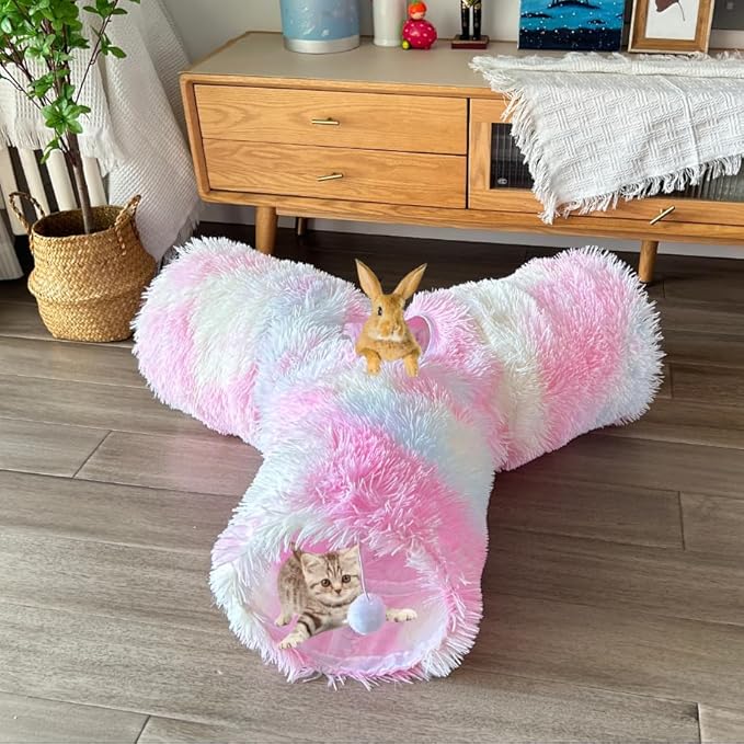 Cat Tunnel Tube Toy, Tunnels for Indoor Catss Soft Warm Rainbow Plush, 3 Way Collapsible Interactive Toys Maze House with Peek Hole Dangling Ball for Rabbit, Puppy, Kitty, Kittens