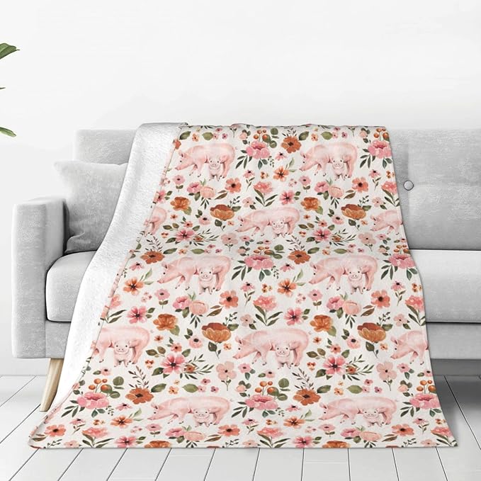 Pig Blanket Farmhouse Cute Pig Floral Throw Blanket Super Warm Soft Plush Lightweight Fleece Flannel Pig Decor Blanket Gifts for Pig Lovers Women Men Girls Boys for Couch Sofa Bedding 60"X80"