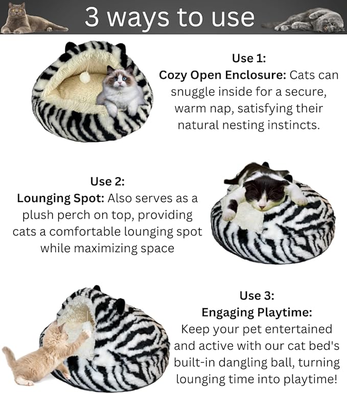 Hooded Plush Cat Bed Cave, Comfy for Indoor Cats, Calming Soft Faux Fur, Anti-Anxiety Plush Hooded Cat Cave with Fluffy Hanging Ball, Washable Anti-Slip, Playful Cat Bed(Black/White, S)