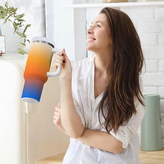 Boccsty Color Gradient Orange Blue Insulated Tumblers Reusable Stainless Steel Tumbler 40 oz Cup Coffee Travel Mug Water Bottle with Handle & Flip Straw for Home Office Car