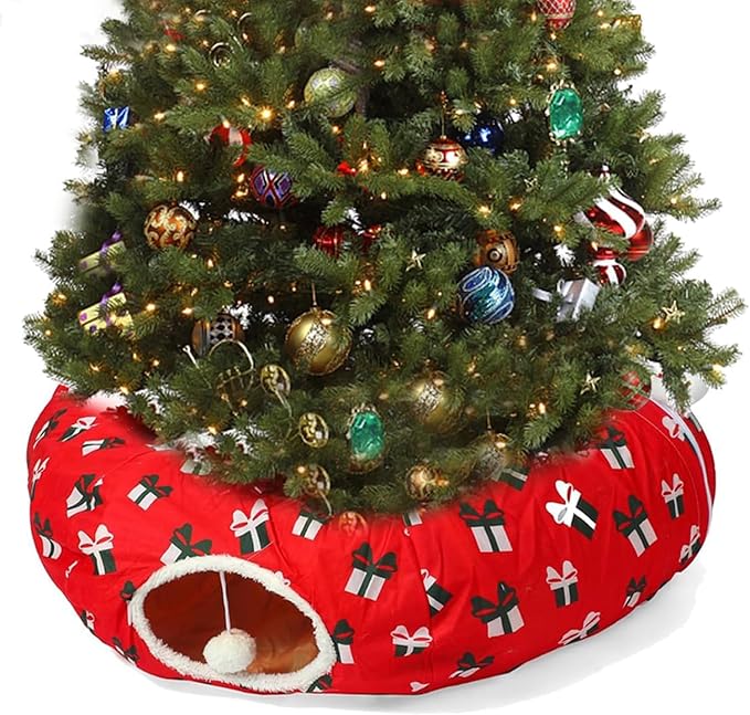 LUCKITTY Cat Tunnel Bed Under Christmas Tree 3FT x 3FT x 9.8IN - Decorative Christmas Style with Box Patterns - Red Color Perfect for Festive Felines Small Animals