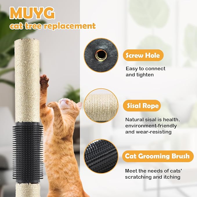 Cat Scratching Post Replacement,15.7 in M8 Cat Tower Replacement Poles with Self Groomer Massage Natural Sisal Refill Pole Parts Climbing Tickling Clawing for Indoor Cats Furniture Accessories