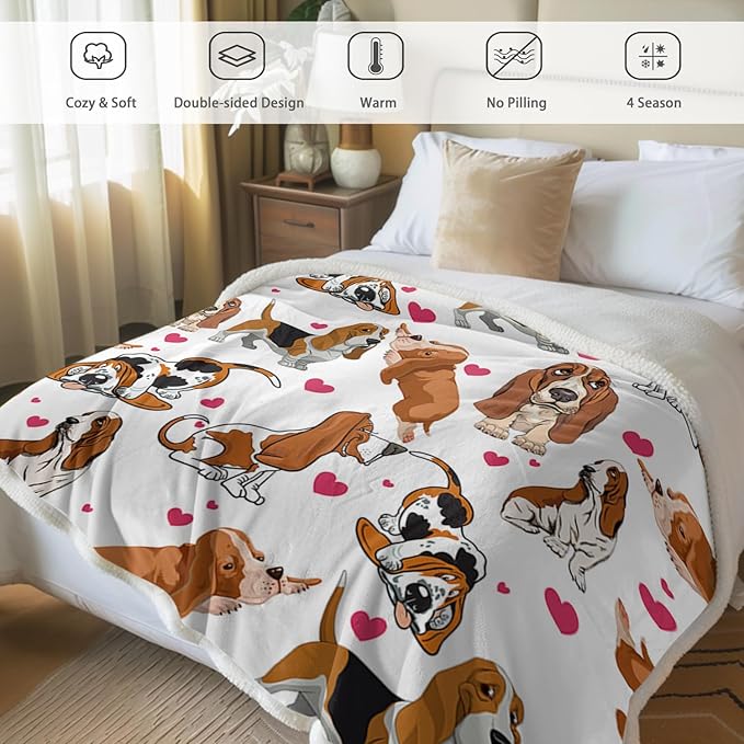 BlessLiving Red Hearts Dog Print Sherpa Plush Blanket Cute Puppy for Kids Adults 3D Animal Print Lightweight Blanket Bassett Hound Gifts Gift for Pet Lovers (Basset Hound,Twin, 60 x 80 Inches)