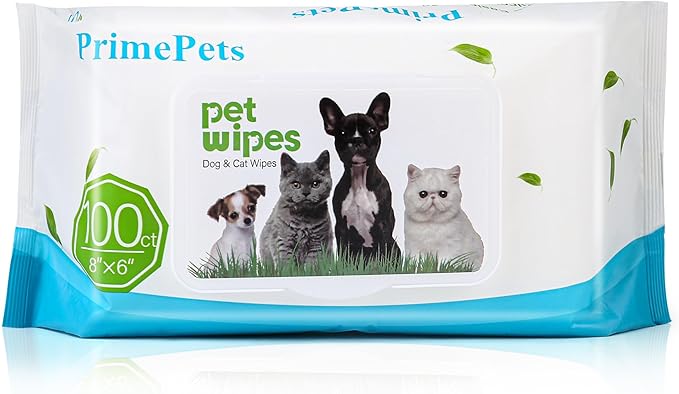 PrimePets Dog Wipes, 100 Count, 6x8 Inch Pet Grooming Wipes for Dogs Cats Cleaning Deodorizing, 100% Fragrance Free, Unscented Puppy Wipes for Paws, Butt, Eyes, Ears, Face and Teeth