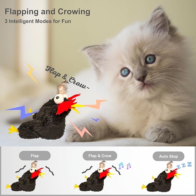 Interactive Flapping Bird Cat Toys, Rechargeable, Touch Activated, Catnip, Chirping Bird Toys for Indoor Cats and Kittens (Black Chicken)