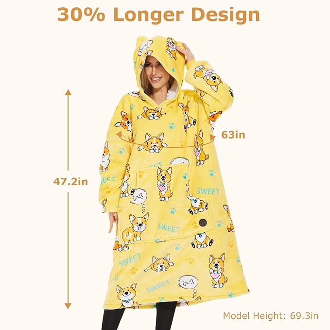 THREE POODLE Wearable Blanket Hoodie, Oversized Long Sherpa Sweatshirt Blanket for Adults Women Men, Warm Cozy Corgi Hooded Blanket, Gifts for Mom Girlfriend