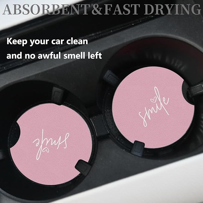 2pcs Car Cup Holder Coasters, Universal Auto Anti Slip Smile Design Pink Coasters, Rubber Car Coasters with A Finger Groove, Cute Car Accessories for Women&Men