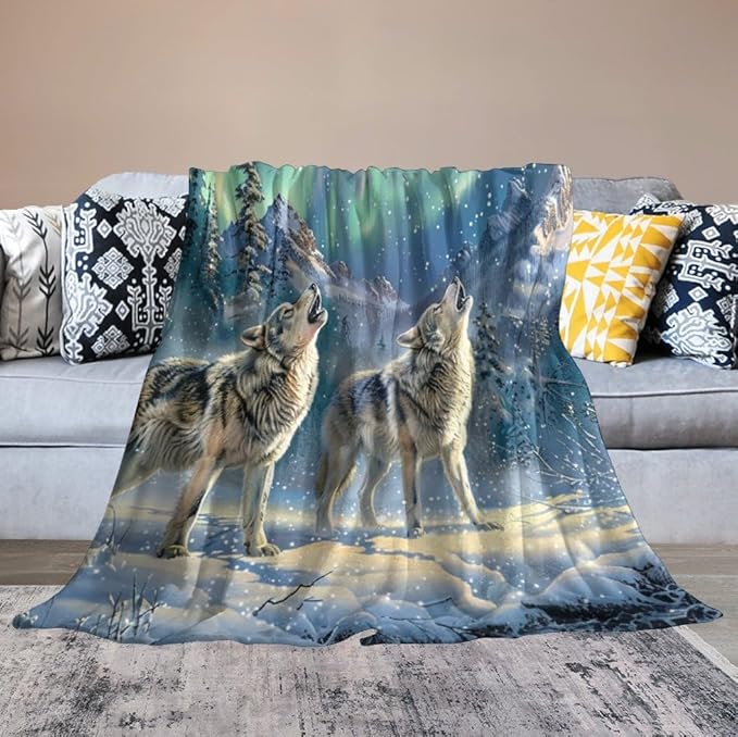 Wolf Blanket Wolf Aurora Borealis Gifts for Girls Boys Woman Kids Wolf Lover Throw Blankets Soft Blanket Warm Fleece Flannel Plush Blankets for Bed Sofa Couch 50"x60"