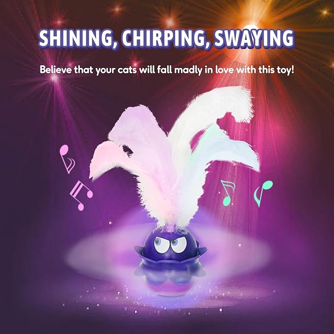 LEWISER Cat Toys Monster, 3in1 Rechargeable Automatic Interactive Cat Toy for Indoor Cats Exercise, Real Feathers, Silicone and Butterfly Tail, LED Lighting, Mice Squeak Chirping, Purple