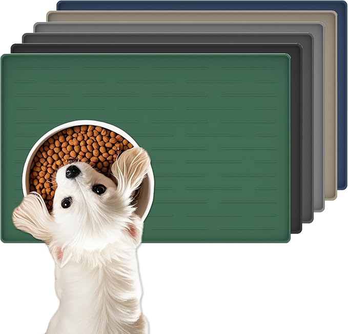 Dog Food Mat, Silicone Dog and Cat Mat for Food and Water Bowls, Waterproof Raised Edge Pet Feeding Mat for Contain Spills Protects Floors, Multiple Colors & Sizes for Pets (18"x12", Deep Green)