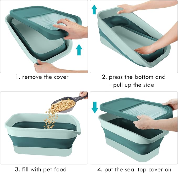 Pet Food Storage Containers, Collapsible Dog Food Container with Sliding Lid,13lb Cat Food Storage with Measuring Cup & Scoop, Plastic Dog Food Bin（green）
