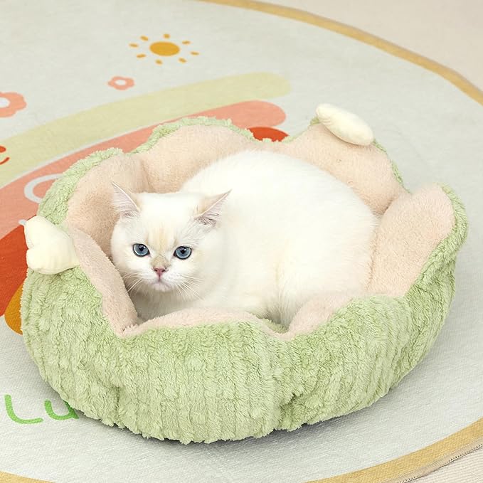Hollypet Calming Cat Beds for Indoor Cats - Cute Cactus Pet Beds, Fluffy Puppy Bed, Non-Slip Extra Small Dog Bed, Green