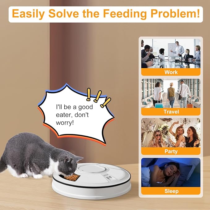 Automatic Cat Feeder Wet Food/Dry Food, 6 Meal Timed Pet Feeder Easily Programmable &Easy to Clean, Auto Feeder for Cats/Small Dogs(Black)