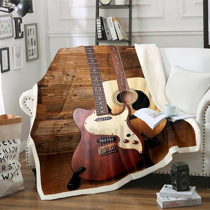 Erosebridal Electric Guitar Fleece Blanket Acoustic Guitar Blanket, Vintage Guitar Shop Throw Blanket for Chair Brown Wooden Stripe Sherpa Blanket Retro Farm Style Plush Blanket Musician Room Decor