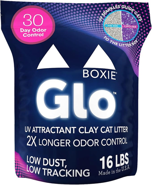 Boxie® Glo™ 30 Day Odor Control Clumping Clay Cat Litter, 16 lb, Multi-Cat, 99.9% Dust-Free, Low Tracking, UV Light Attractant, Superior Clumping for Easy Scooping