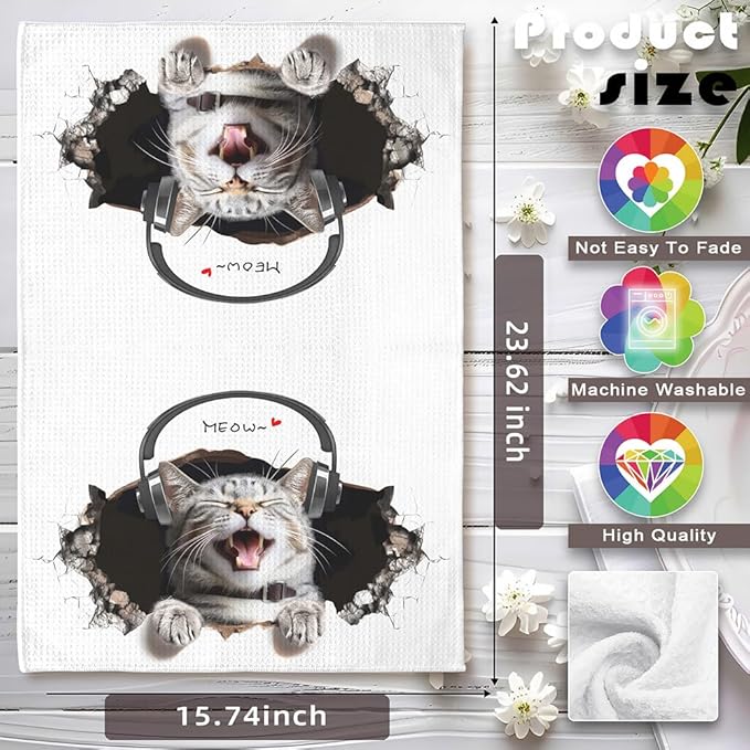 2-Pack Decorative Kitchen Towels Set with Playful Peeking Design-Absorbent&Quick-Drying Dish Towels for Cooking,Bathroom Decor-Funny Cat Lover Gifts for Women,Cute Animal Theme Hand Towels ( Durable)