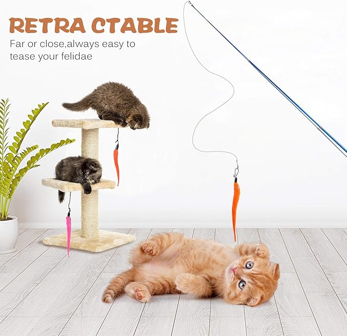 Retractable Cat Toys Wand with 5 Piece Teaser Refills, Interactive Cat Feather Toy for Cat Kitten Having Fun Exerciser Playing
