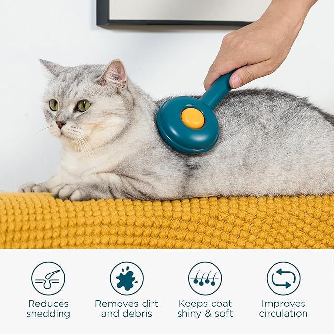 HICC GROOM! Grooming Brush for Pets, Self Cleaning Cat Brush with Release Button, Shedding Brush for Short or Long Haired Cats/Dogs/Rabbits, Massage Removes Loose Fur, Tangles (Blue)
