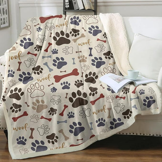 Sleepwish Dog Paws and Bones Print Fleece Throw Blanket for Kids Soft Plush Light Yellow Sherpa Blanket for Couch Chair, Baby (30"x 40")