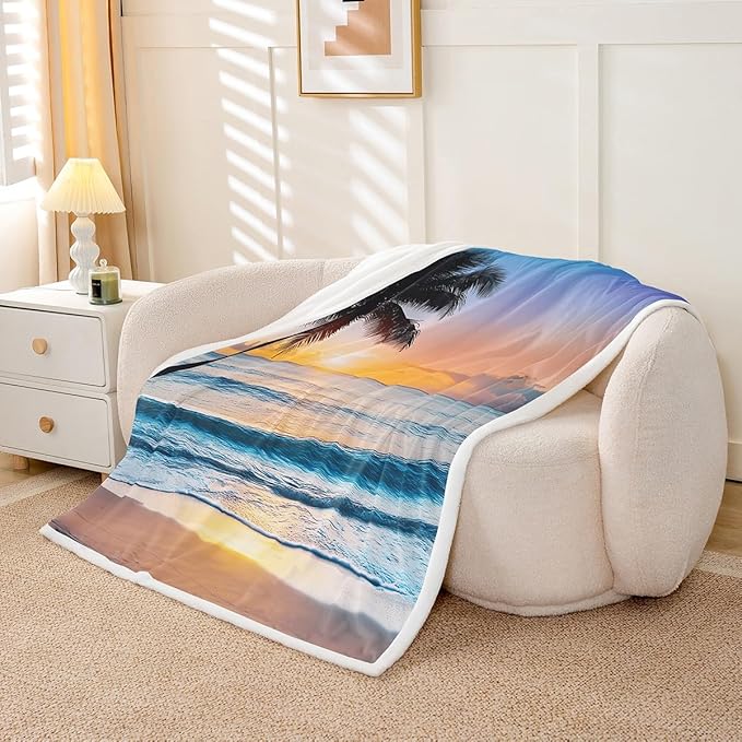 Ocean Wave Fleece Throw Blanket for Bed Sofa Couch Summer Sea Beach Sherpa Blanket Hawaiian Tropical Palm Tree Printed Bedding Cover Microfiber Comforter Cover Sunset 40"x50"