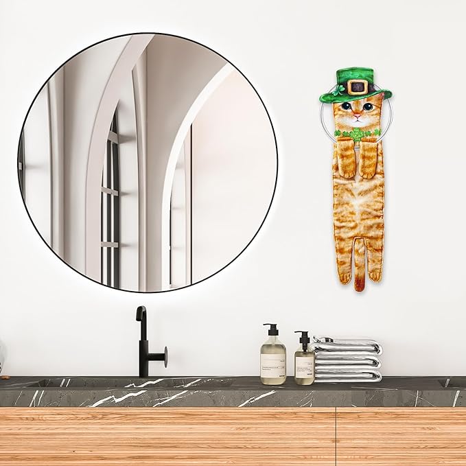 St Patrick Day Cat Hand Dish Towels- Shamrock Garland St Patricks Day Decorations Decor for Home Kitchen Bathroom-Unique Housewarming Mothers Birthday Gifts for Women Cat Lovers