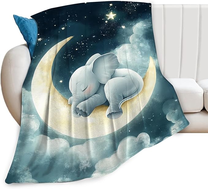 Elephant Throw Blanket - Ultra Soft Cozy Cute Moon Design - Fleece Fuzzy Plush Decor Gifts for Women Girls Adults - Couch Sofa 50"x40"