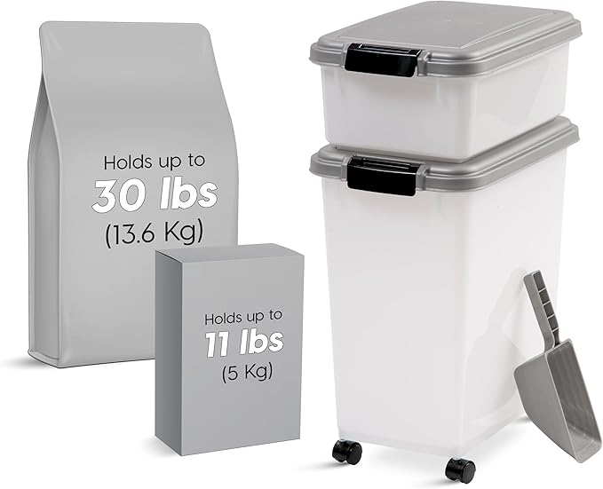 IRIS USA Dog Food Storage Container, 30 lbs & 11 lbs Combo, Cat Food Storage Container, Dog Treat Container, Airtight, Stackable, 2-Cup Scoop, Wheels, Easy Mobility, Chrome