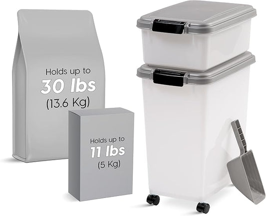 IRIS USA Dog Food Storage Container, 30 lbs & 11 lbs Combo, Cat Food Storage Container, Dog Treat Container, Airtight, Stackable, 2-Cup Scoop, Wheels, Easy Mobility, Chrome