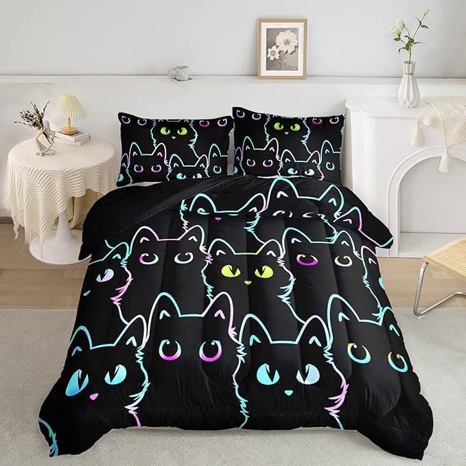 Axolotl Kids Bedding Cartoon Cat Comforter Set, Full Size, Gradient Line Cute Cat Bedding Set for Teens, Kids, Boys, Girls, Adults Room Decor, All Season, 1 Comforter 2 Pillow Cases, Black