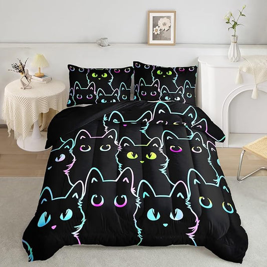 Axolotl Kids Bedding Cartoon Cat Comforter Set, Full Size, Gradient Line Cute Cat Bedding Set for Teens, Kids, Boys, Girls, Adults Room Decor, All Season, 1 Comforter 2 Pillow Cases, Black