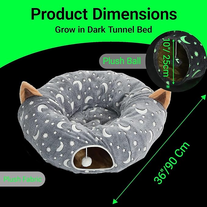 LUCKITTY Cat Tunnel Bed Tube with Cushion and Plush Ball Toy Playground Crinkle Collapsible Self-Luminous Flannel Fabric 3FT for Large Cats Kittens Kitty Small Animals Puppy Grey Moon Star