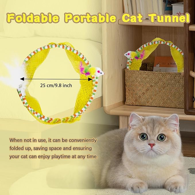 2 Pcs Cat Tunnels for Indoor Cats - S Type Foldable Cat Spiral Tunnel Toy, Decompression Interactive Self-Play Cat Hunting Spiral Tunnel Toy with Ribbon Bell Feather Balls Blue, Blue+Yellow