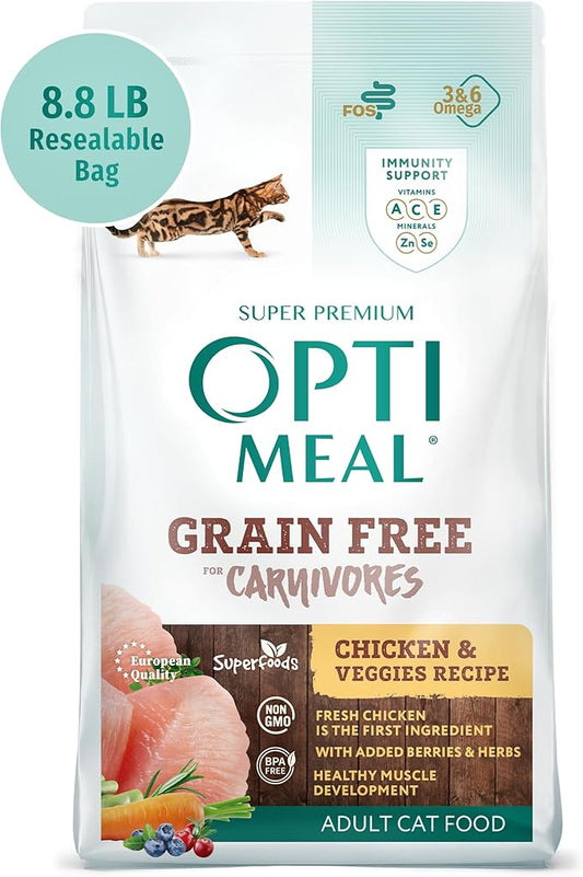 OPtimeal Grain Free Cat Food - Proudly Ukrainian - Healthy Cat Food Dry Recipe for Gut Health, Tasty Dry Cat Food with Immunity Support for Adult Cats (8.8 lbs, Chicken & Veggies)