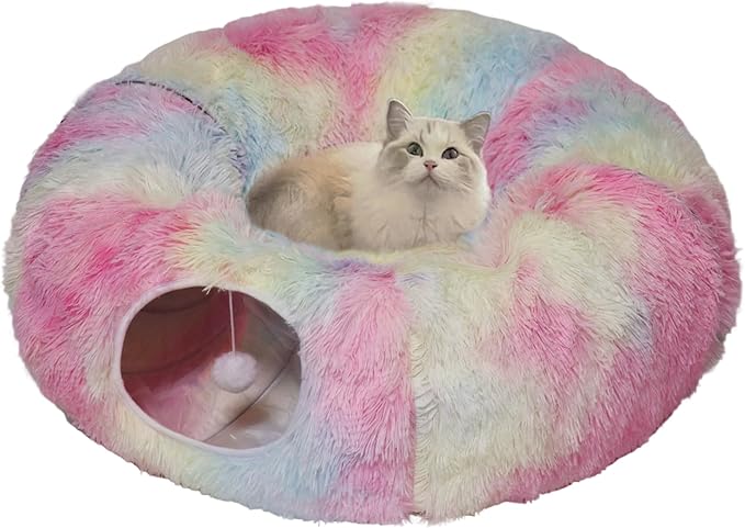 Cat Tunnel Bed for Indoor Cats with Washable Cushion Cat Cave Donut Tunnel with Fluffy Ball Big Round Tube Pet Playground Toys Soft Plush Peekaboo for Kitten, Cat, Puppy, Rabbit, Ferret