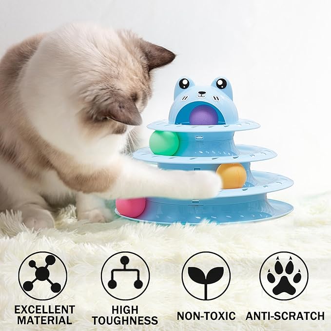 Suhaco Cat Toys Interactive for Indoor Cats Kitten Toy Fun Roller 4 Level Cat Teaser Ball Toys with 4 Colorful Balls Kitten Puzzle Toys for Boredom (Blue)